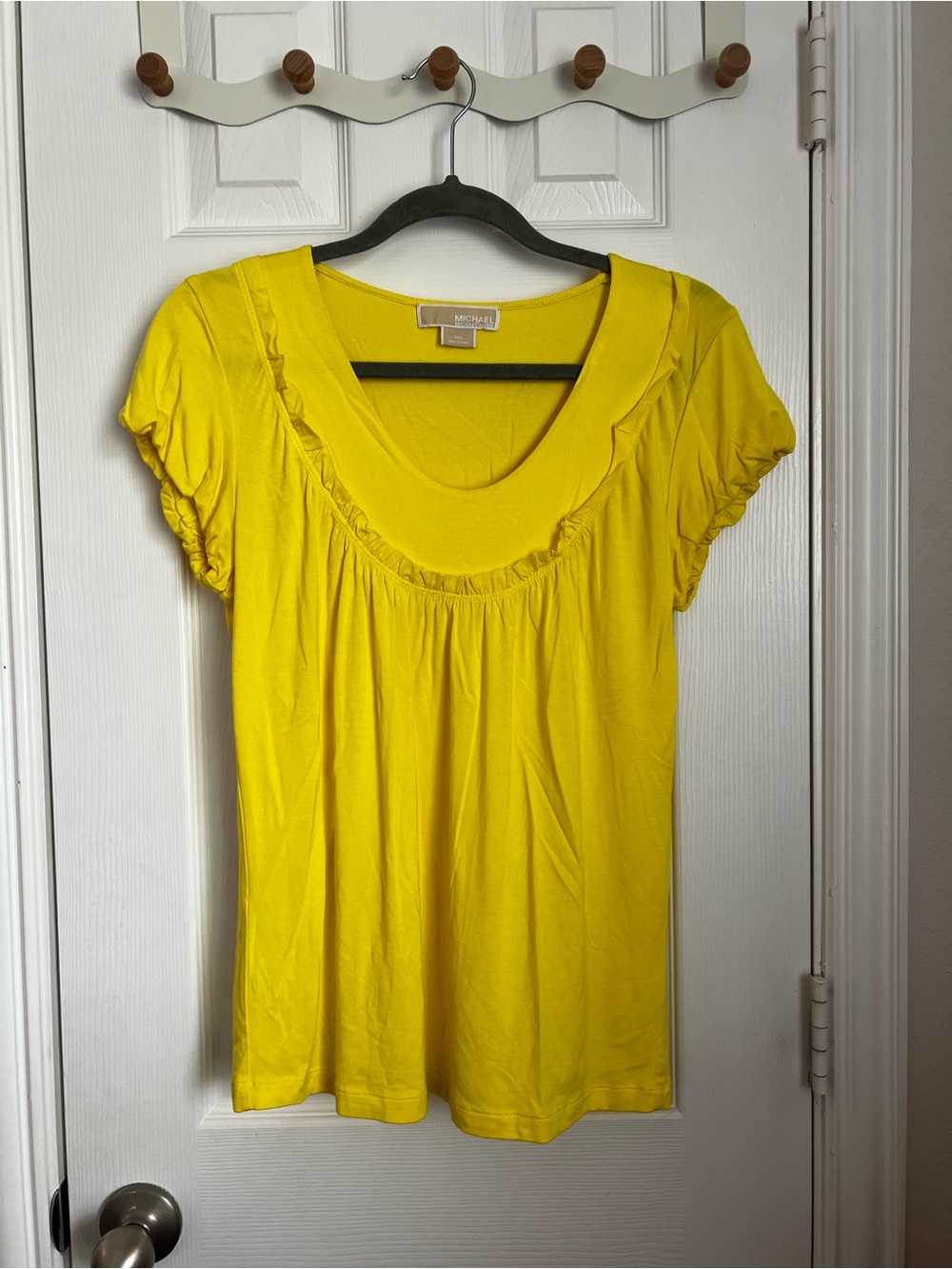Michael Kors Yellow Ruffle Scoop Neck Short Sleeve Top